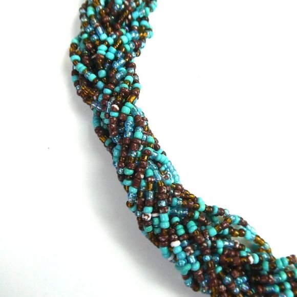 Woven Braded Multi Strand Seed Beaded Necklace Blue Teal Brown 21" Bib Statement - Picture 3 of 7